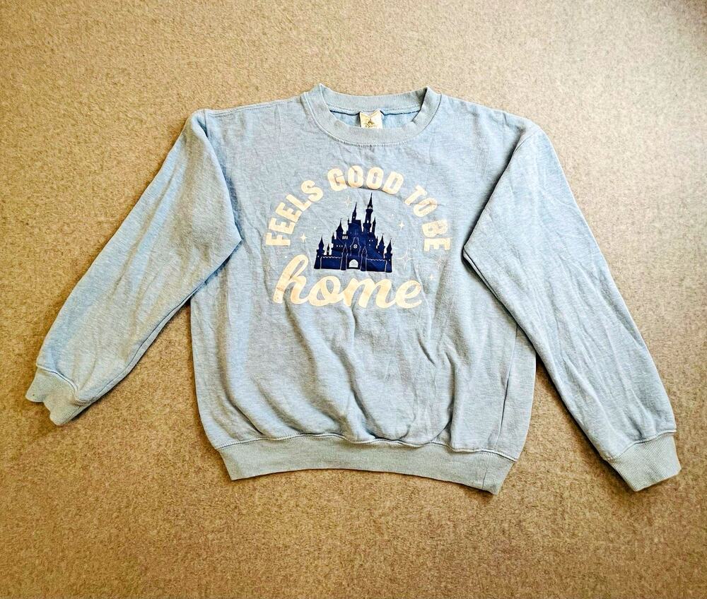 Disney Blue Crewneck Fleece Sweatshirt Castle Graphic Print Women Sz XS